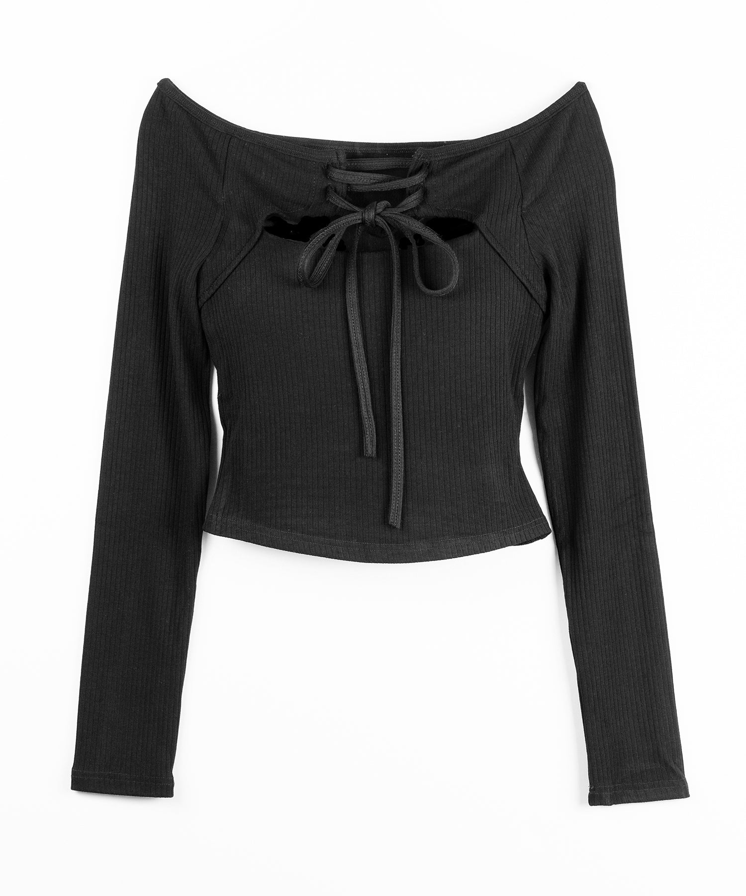 レースアップリボンカットアウトオフショルリブロンT / lace up ribbon cutout offshoulder ribbed long T-shirt