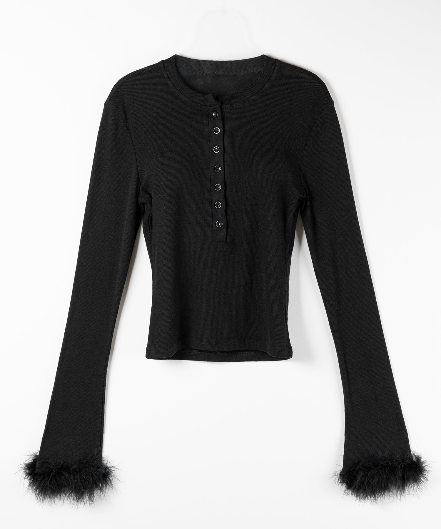 【 2color 】ファースリーブヘンリーネックリブトップス / fur sleeve henley neck lib tops