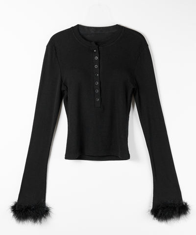 【 2color 】ファースリーブヘンリーネックリブトップス / fur sleeve henley neck lib tops