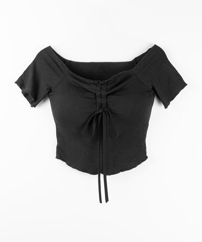 シャーリングリボンオフショルメローTシャツ / shirring ribbon off-shoulder mellow T-shirt