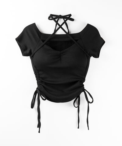 半袖クロスストラップリボンカットアウトオフショルトップス / short sleeve cross strap ribbon cutout offshoulder tops