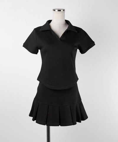 【 2点セット 】スキッパーネック半袖Tシャツ & プリーツミニスカート ワンホンセットアップ / skipper neck short sleeve T-shirt & pleated mini skirt wanghong setup