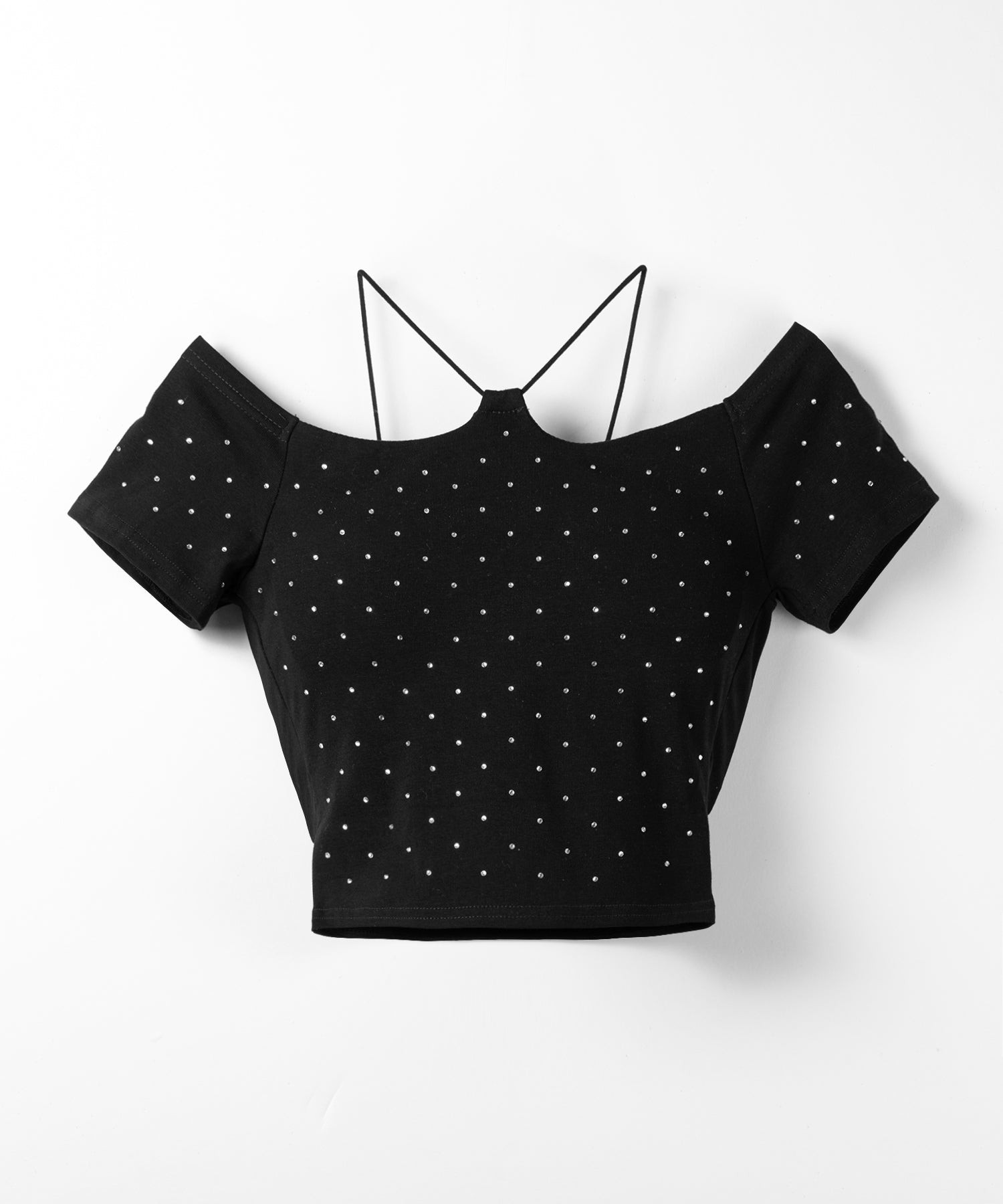 ラインストーンクロスネックショートTシャツ / Rhine stone cross neck short T-shirts