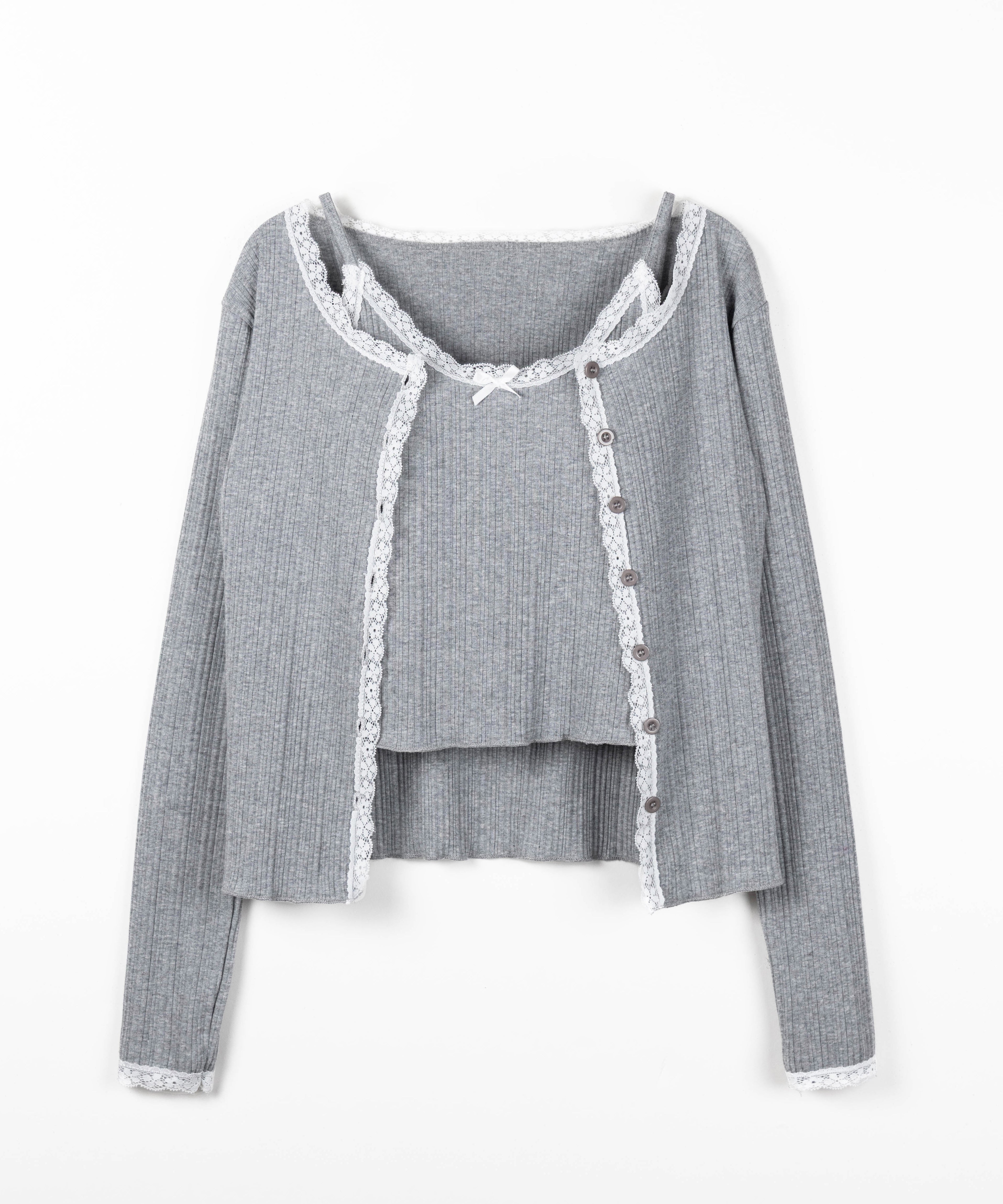 【 2点セット 】フロントリボンレース切替リブキャミソール + カーディガンセット /front ribbon lace lib camisole + cardigan SET