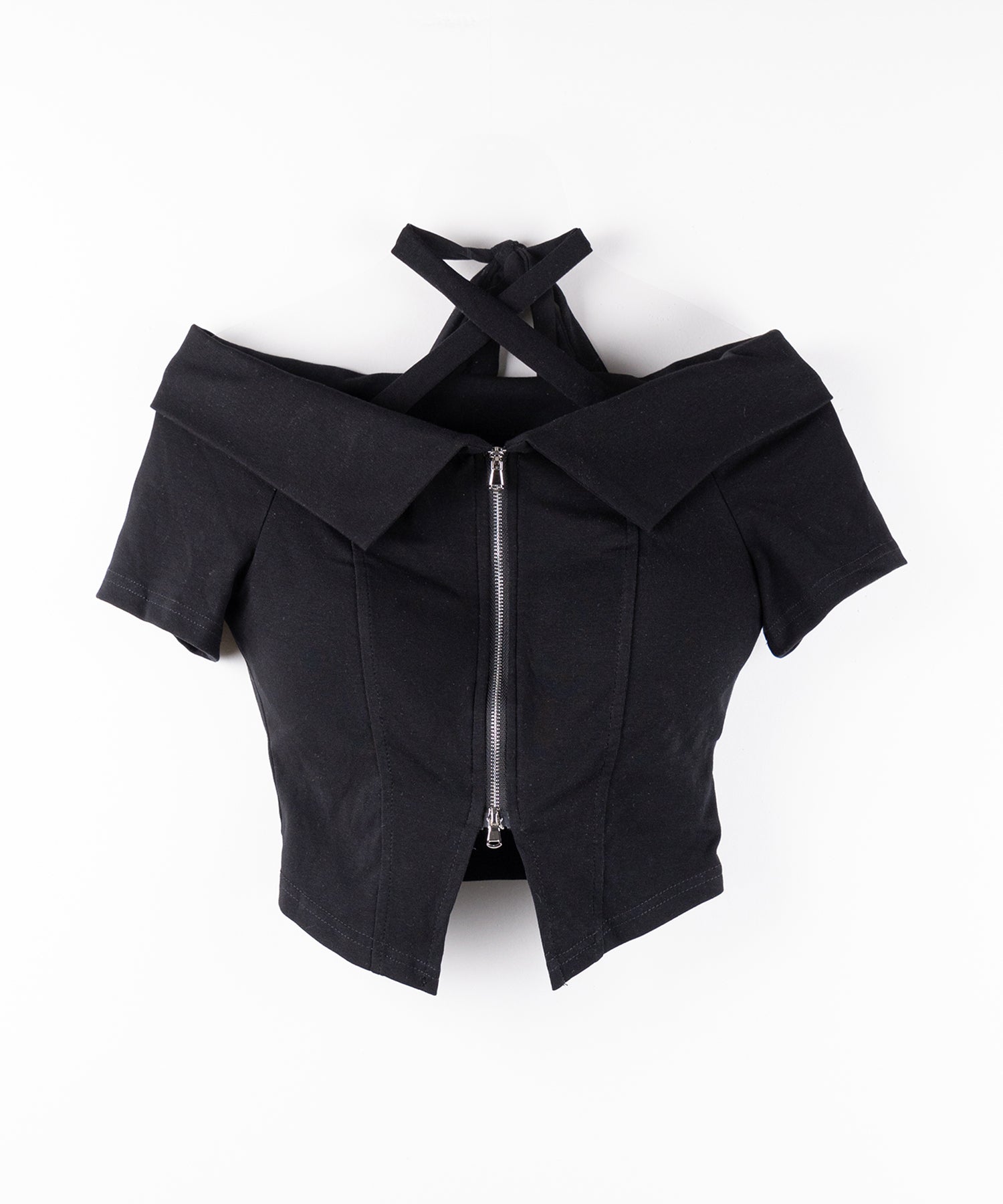 ダブルジップクロスネックオフショルTシャツ / double zip cross neck off shoulder T-shirt