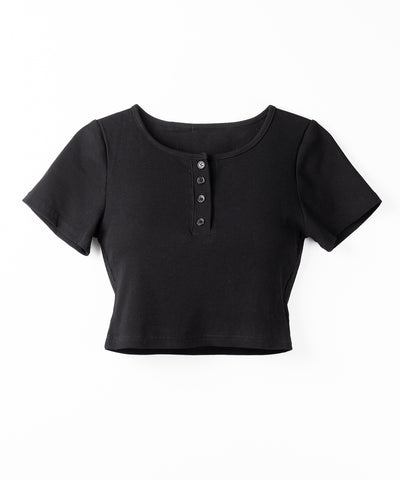 ヘンリーネック半袖ショートリブTシャツ /henley neck short sleeve short lib T-shirt