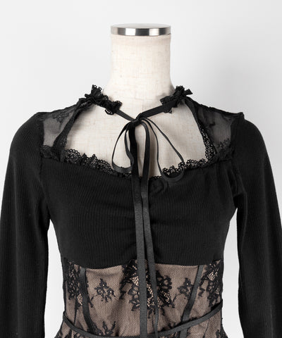チョーカーネックリボンレーシーカットソートップス / choker neck ribbon lacy cutsaw tops