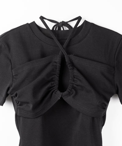 クロスネックレイヤードシャーリングTシャツ / cross neck layered shirring T-shirt