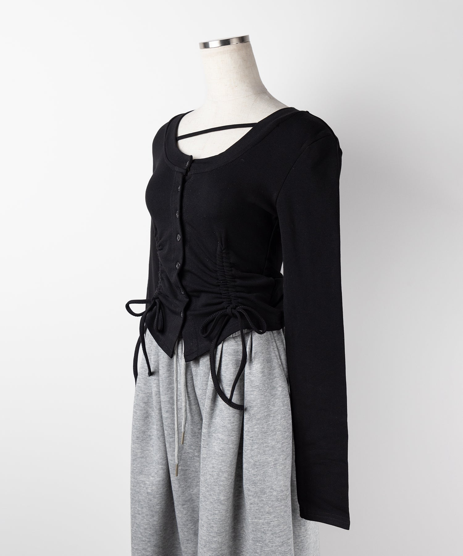 【 2color / 裏起毛 】ナナメストラップダブルシャーリングリボントップス / naname strap double shirring ribbon tops