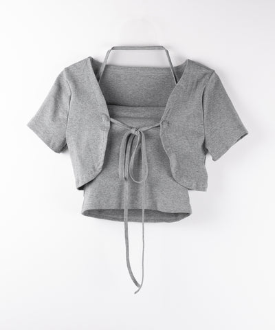 【 2点セット 】フロントリボンショートカーディガン+ ホルターキャミソール SET / front ribbon short cardigan + halter camisole SET