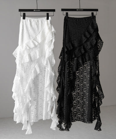 【 裏地付 】アシンメトリーフリルレーススリットロングスカート / asymmetry frill lace slit long skirt