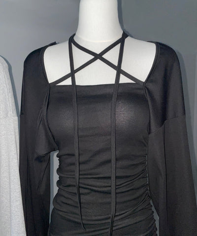 【 2点セット 】シャーリングタイトミニワンピ &フロントリボンショートカーディガン ワンホンセットアップ / shirring tight mini onepiece & front ribbon short cardigan wanghong setup