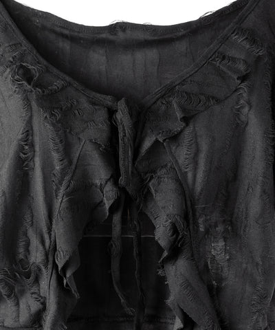 ダメージフリル半袖ショートリボンカーディガン / damage frill short sleeve short ribbon cardigan