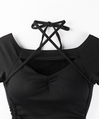 半袖クロスストラップリボンカットアウトオフショルトップス / short sleeve cross strap ribbon cutout offshoulder tops