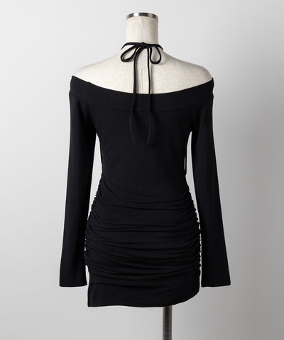 【 2WAY 】クロスストラップリボンカットアウトオフショルミニワンピース / cross strap ribbon cutout offshoulder mini onepiece