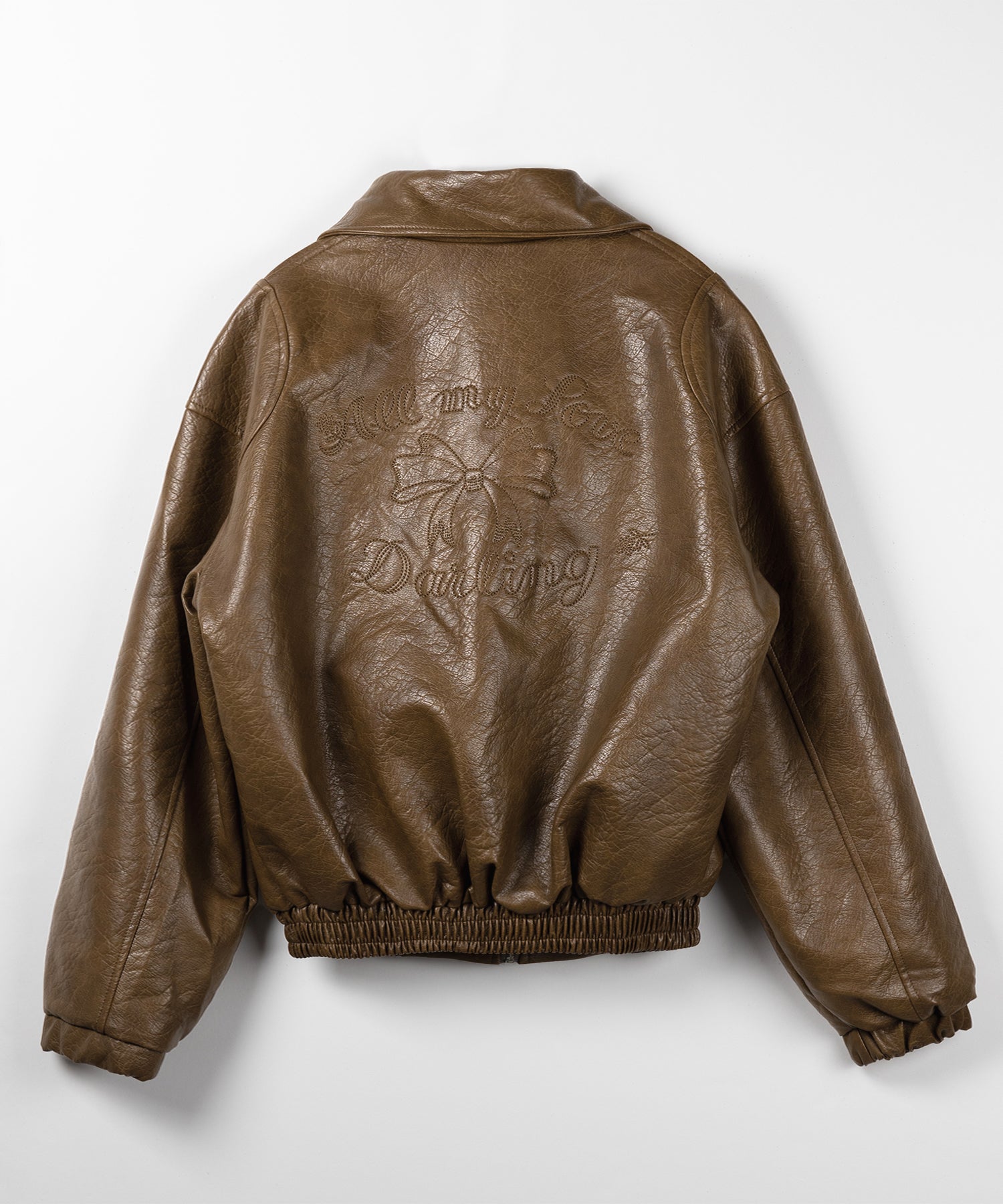 【 2color 】バックリボン刺繍ヴィンテージライクフェイクレザーブルゾン / back ribbon vintage like fake leather blouson