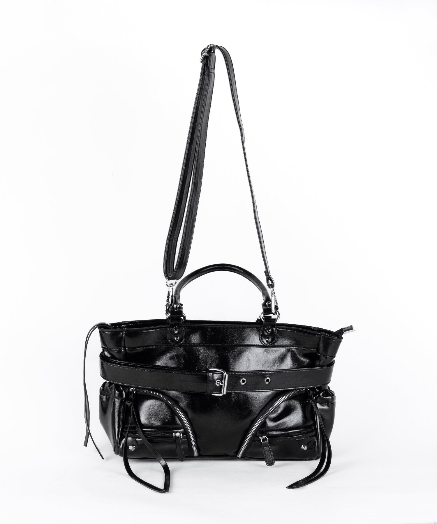 【ショルダーにできる2WAY】 ベルテッドダブルジップポケットショルダーバッグ/ belted double zip pocket shoulder bag