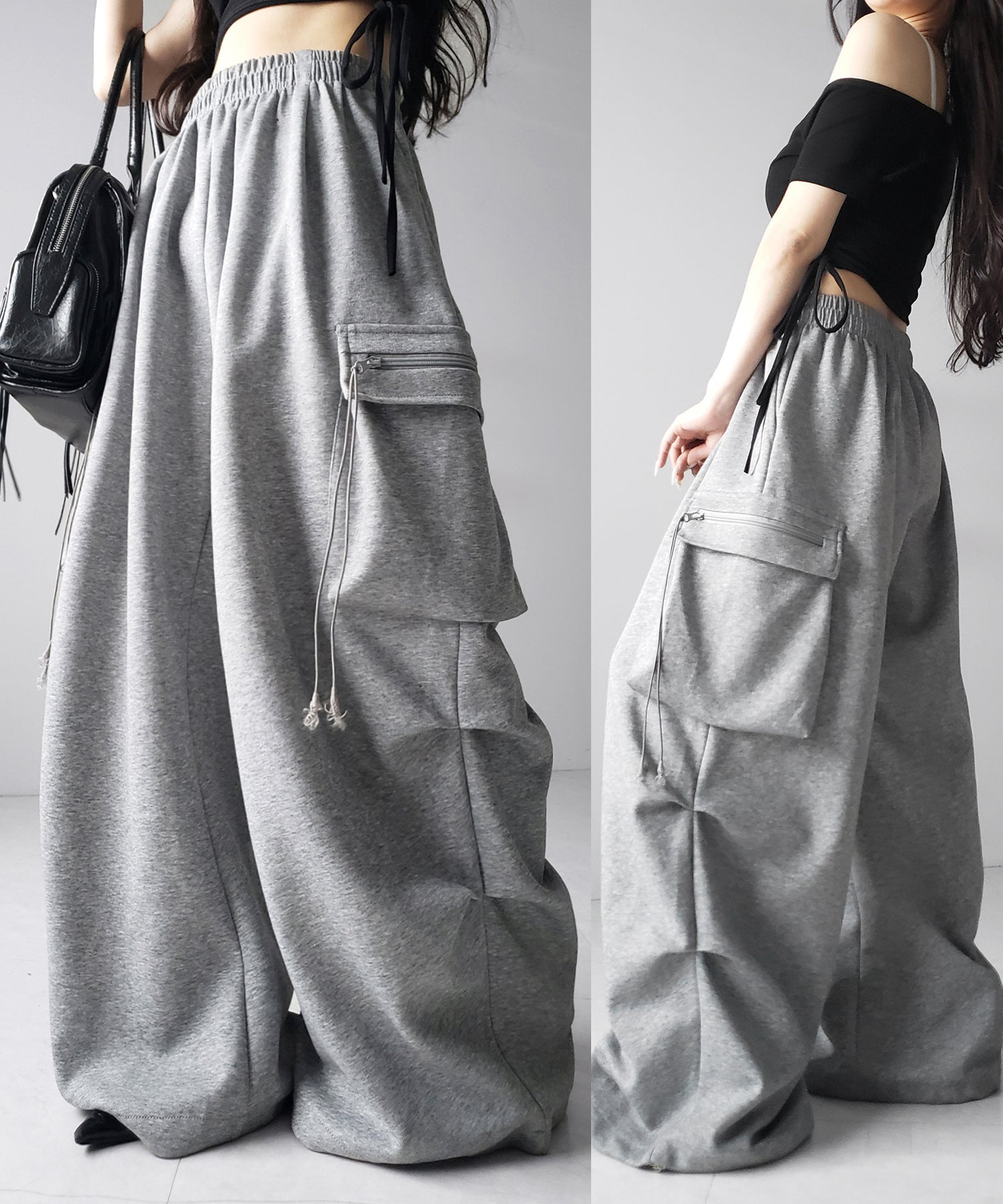 【 裾絞り可能2WAY 】ドローコードタックワイドカーゴスウェットパンツ / drawcord tuck wide cargo sweatpants