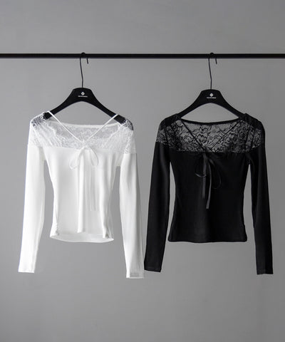 クロスストラップレース切替リブトップス / cross strap lace switching ribbed tops