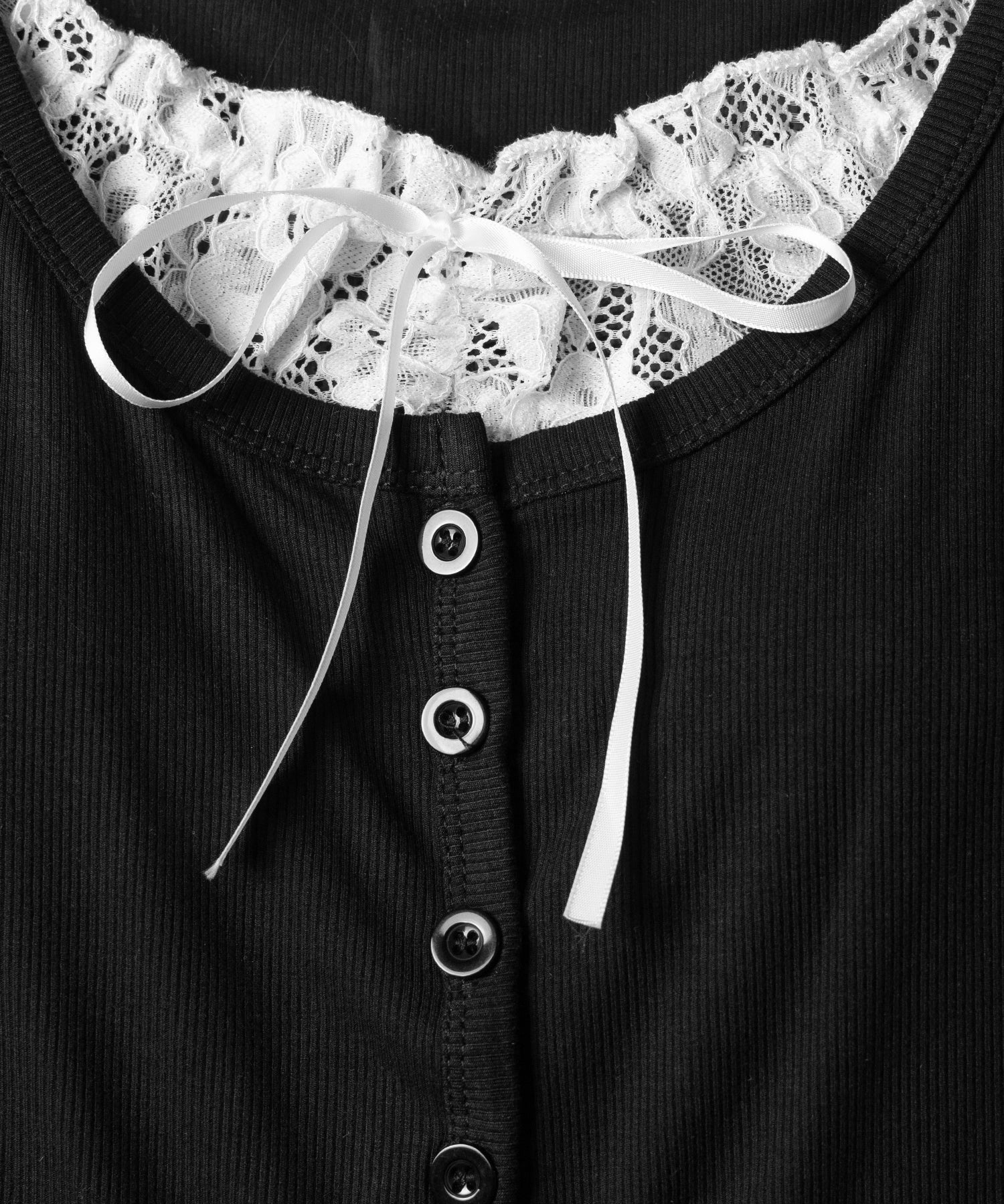 フロントリボンレースレイヤード半袖リブトップス /front ribbon lace layered short sleeve rib tops