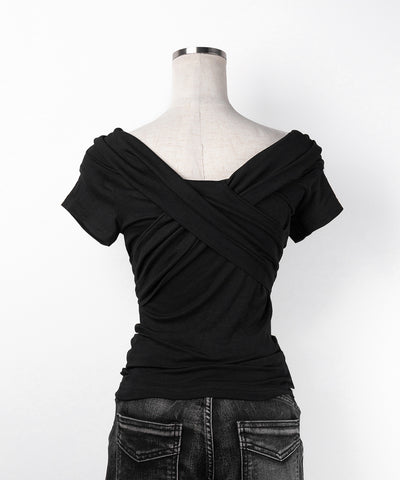 オフショルドレープクロスギャザリングTシャツ /off shoulder draped cross gatherimg T-shirt