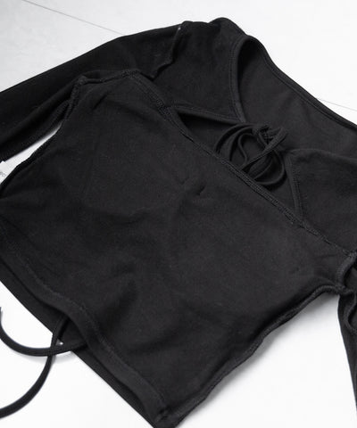 【 2WAY / 裏起毛 】フロントリボンカットアウトドッキングショートトップス / front ribbon cutout docking short tops