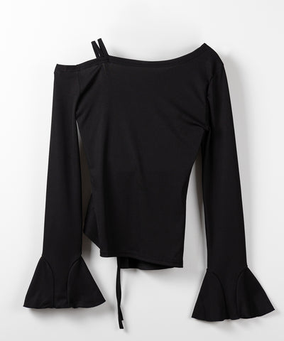 シャーリングリボンスリットワンショルダートップス / shirring ribbon slit one shoulder tops