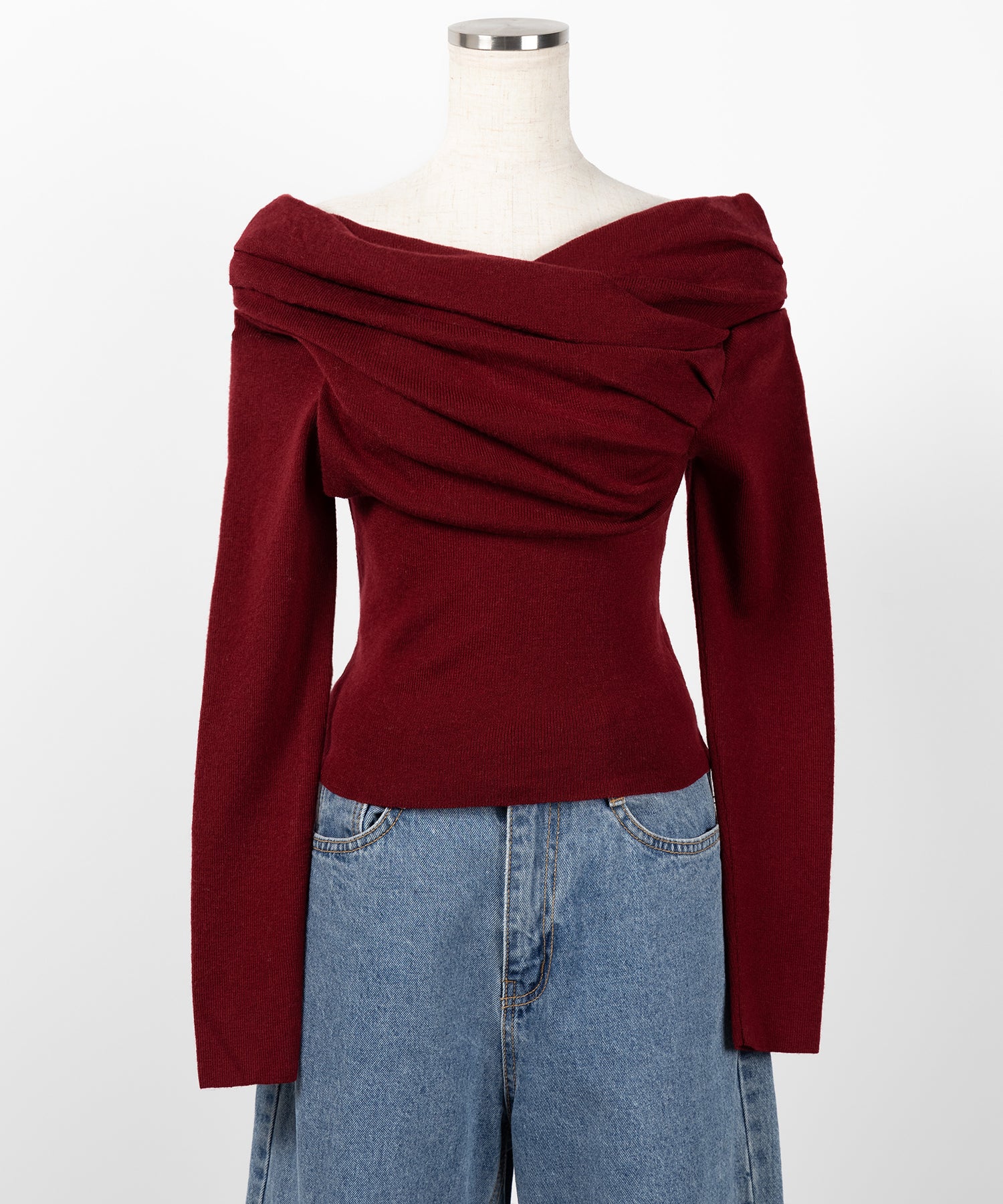 タックデザインドレープオフショルダーリブニット