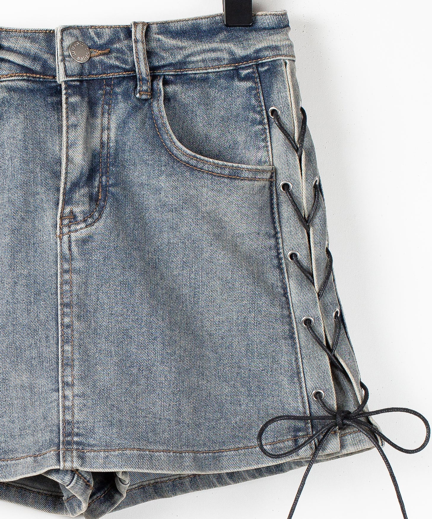 レースアップストレッチデニムミニスカパン / lace up stretch denim mini skirt pants