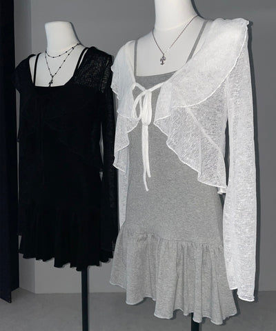 【 2点セット 】フレアキャミワンピ &シアーフリルリボンカーディガン ワンホンセットアップ / flare camisole onepiece & sheer frill ribbon cardigan wanghong SETUP