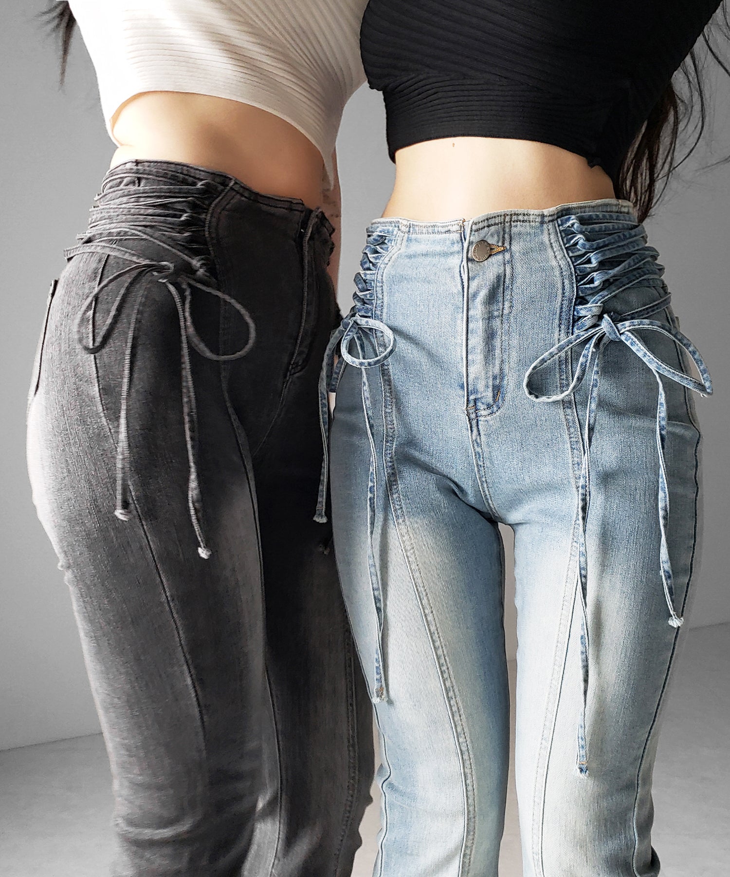 サイドレースアップリボン美脚ストレッチフレアデニム / side laceup ribbon slim leg stretch flare denim
