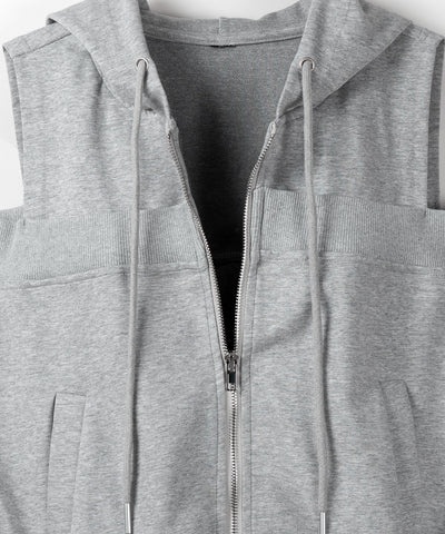 オープンショルダーカットアウトジップアップパーカー / open shoulder cut out zip up hoodie
