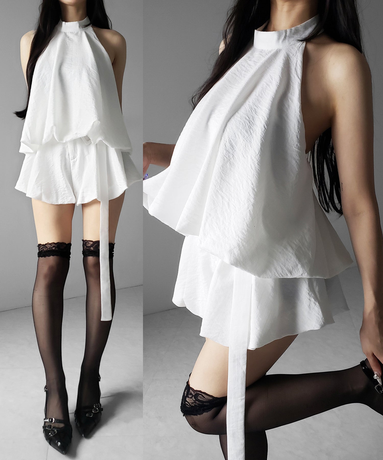 【 ベルト付 】ワンホンホルターネックギャザーフレアセットアップ / wanghong halter neck gathered flare SETUP