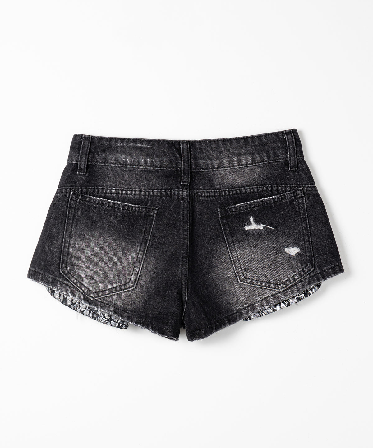 レースポケットダメージデニムマイクロショートパンツ/ lace pocket damage denim micro short pants