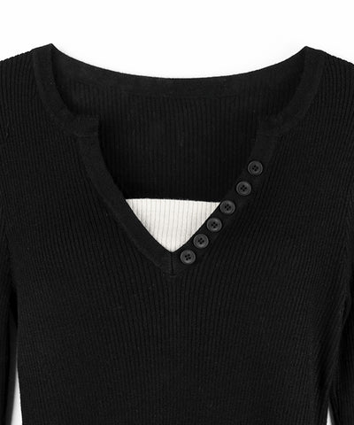 フェイクレイヤードスリムリブニットトップス / Fake layered slim rib knit tops