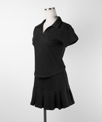 【 2点セット 】スキッパーネック半袖Tシャツ & プリーツミニスカート ワンホンセットアップ / skipper neck short sleeve T-shirt & pleated mini skirt wanghong setup