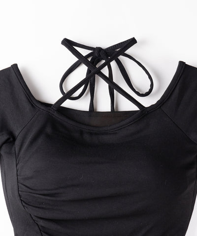 クロスネックアシメギャザーオフショルTシャツ / cross neck asymmetry gather off shoulder T-shirt