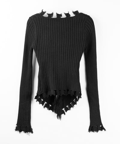 ダメージフリンジリブニットスリムカーディガン / damage fringe rib knit slim cardigan