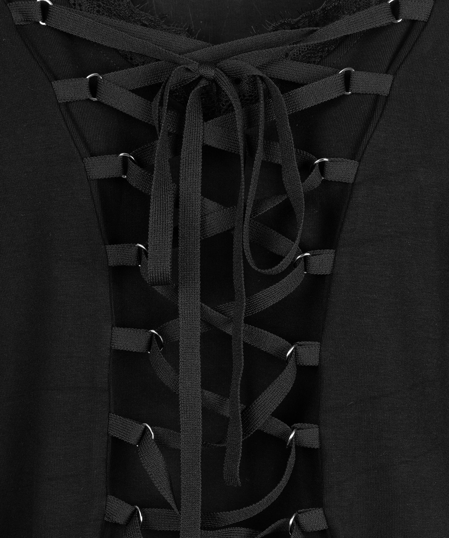 【 クロスネックにできる2WAY 】フロントリボンレースアップスリムカットソートップス / 2WAY front ribbon lace up slim cutsew tops