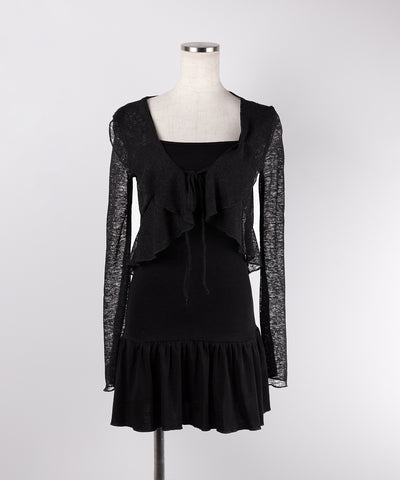 【 2点セット 】フレアキャミワンピ &シアーフリルリボンカーディガン ワンホンセットアップ / flare camisole onepiece & sheer frill ribbon cardigan wanghong SETUP