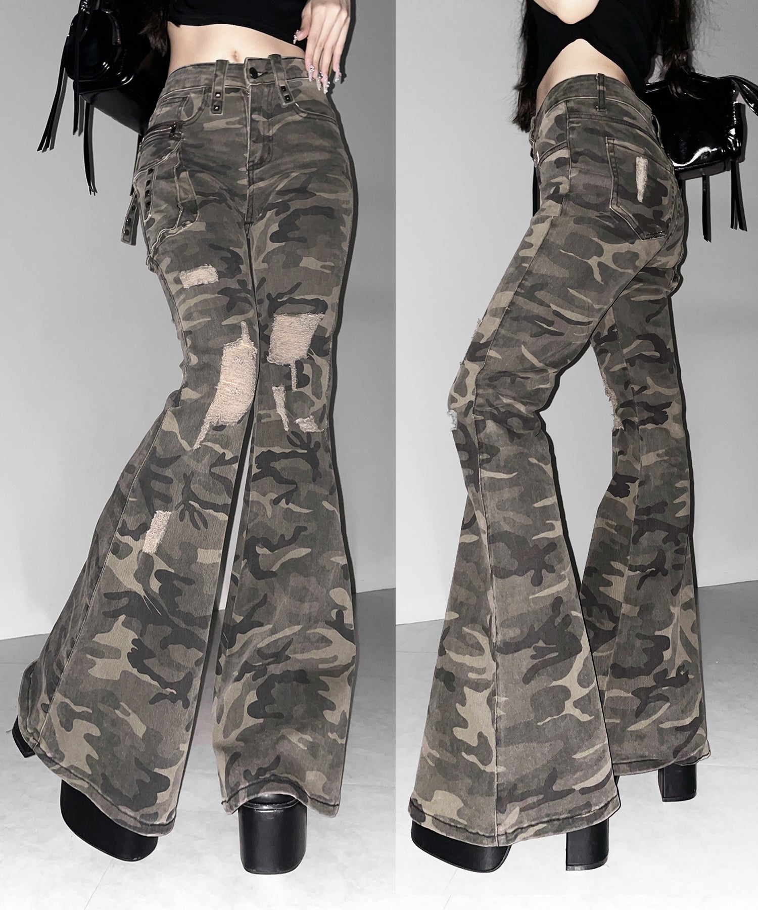 ヴィンテージカモフラ迷彩ダメージフレアデニムパンツ / vintage camouflage damage flared denim pants