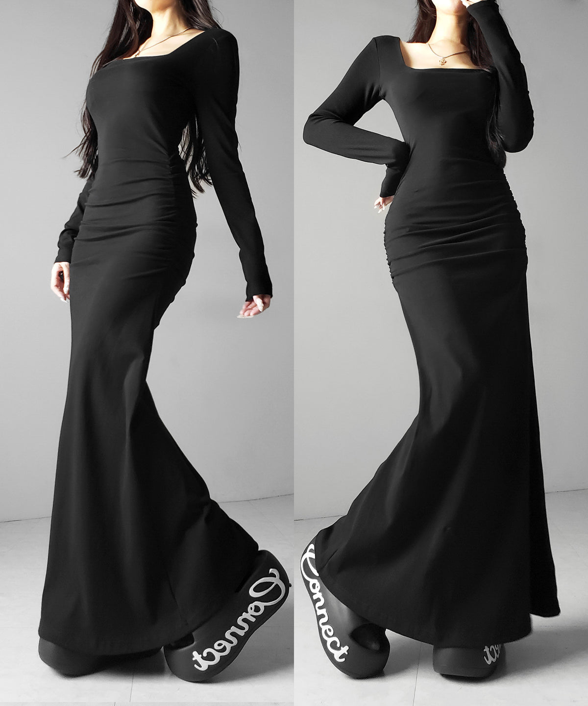 スクエアネックシャーリングマーメイド長袖ロングタイトワンピ / Square neck shirring mermaid long-sleeved long tight onepiece