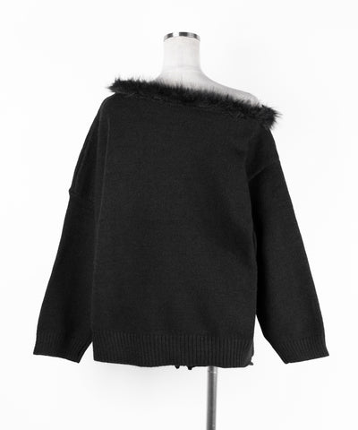 【 ニットセットアップ 】フェイクファーワンショルオーバーニット + ニットショートパンツ SET / fake fur one-shoulder over knit + knit short pants SET
