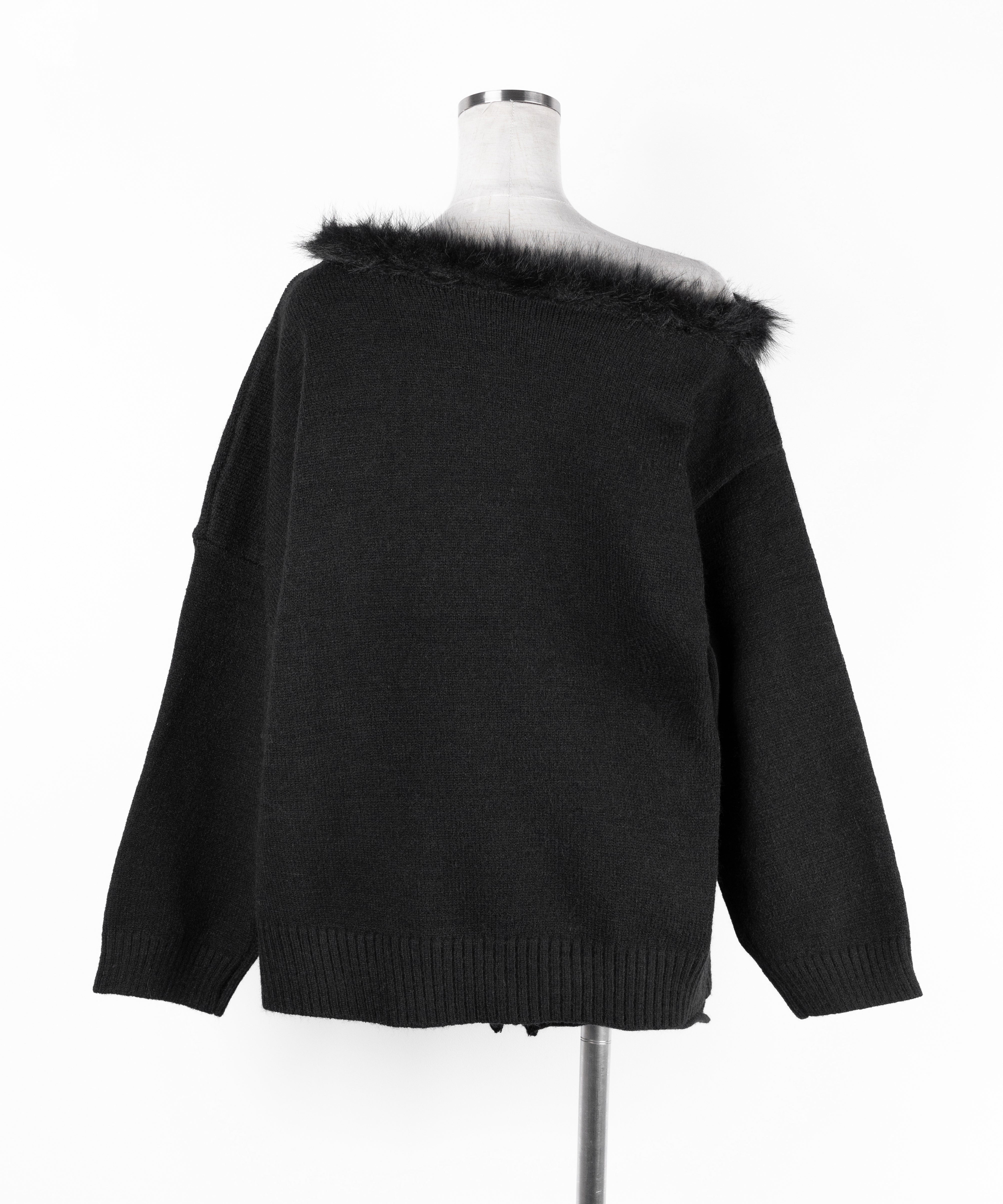 【 ニットセットアップ 】フェイクファーワンショルオーバーニット + ニットショートパンツ SET / fake fur one-shoulder over knit + knit short pants SET