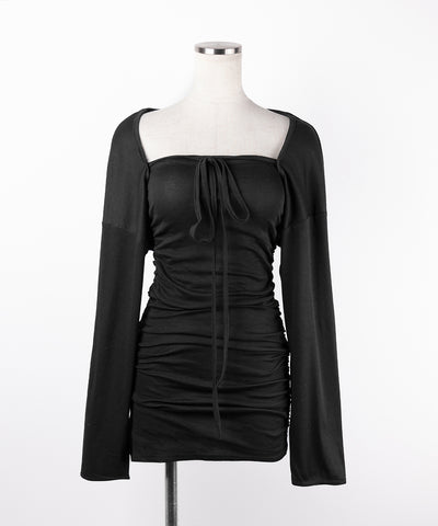 【 2点セット 】シャーリングタイトミニワンピ &フロントリボンショートカーディガン ワンホンセットアップ / shirring tight mini onepiece & front ribbon short cardigan wanghong setup