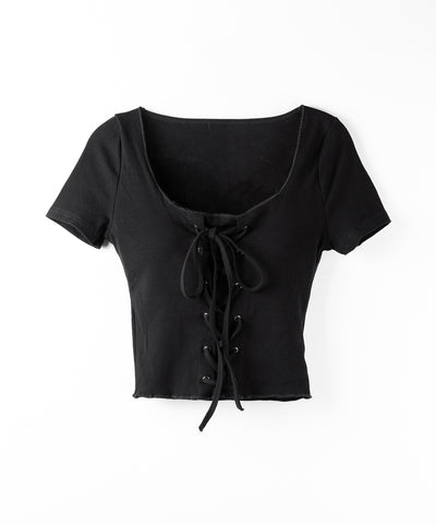 レースアップフロントリボン半袖ショートTシャツ / lace up front ribbon short sleeve short slim T-shirt