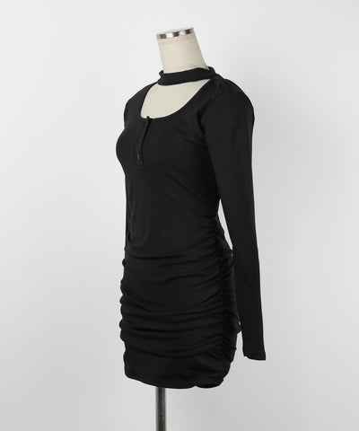 【 3color / 裏起毛 】チョーカーネックシャーリングミニワンピース / choker neck shirring mini onepiece