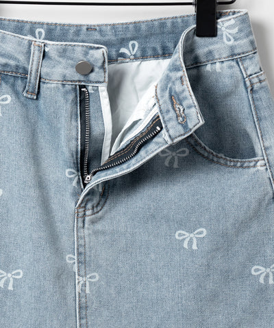 【 インパン裏地付き 】リボンプリントダメージデニムミニスカート / ribbon print damage denim mini skirt