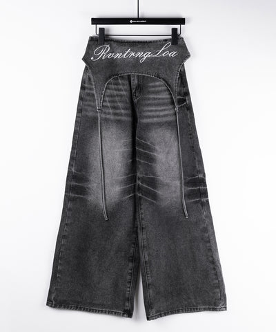 【 2WAY 】レタリングロゴ刺繍ガーターヴィンテージワイドデニム / lettering logo embroidery garter vintage wide denim