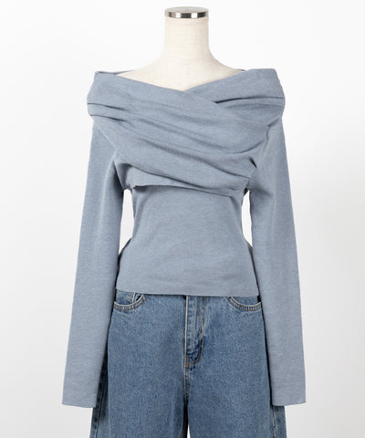 タックデザインドレープオフショルダーリブニット